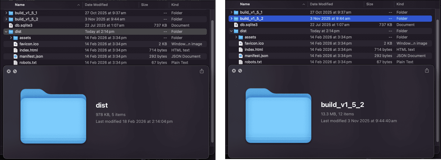 Bundle size comparison chart showing 13MB vs 1MB builds