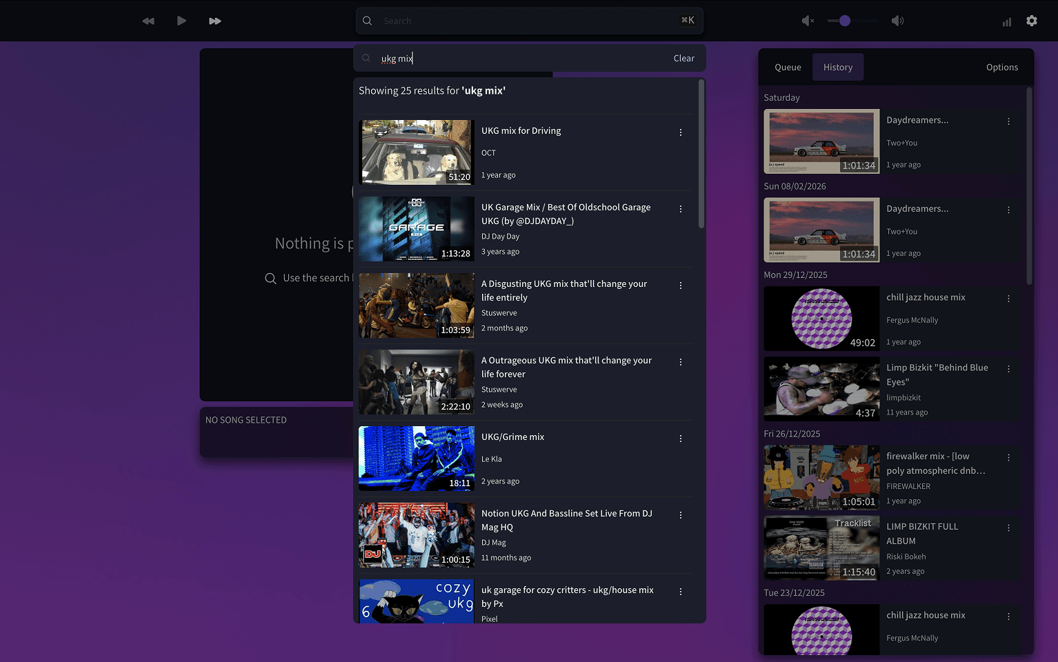 R-Jukebox interface showing search results via the Youtube Search API